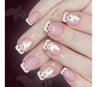 Lot de 24 faux ongles blancs à pointe française gothique, motif chauve-souris, réutilisables, pas besoin d'outils scintillants, faux ongles d'Halloween
