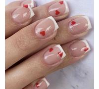Lot de 24 faux ongles blancs French Tip à coller sur les ongles pour la Saint-Valentin, faux ongles en forme de cœur, ongles courts et carrés à presser