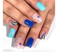 Lot de 24 faux ongles bleus à fleurs - Tourbillons - Couverture complète sur les ongles - Courte presse sur les ongles - Pour tous les jours