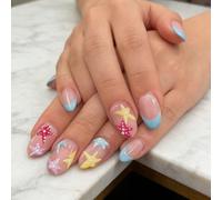Lot de 24 faux ongles bleus à pointe française - Design ovale court avec poisson - Pour fêtes de fin d'année, sabots frauduleux