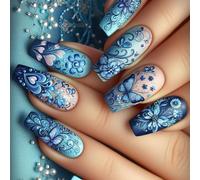 Lot de 24 faux ongles bleus à presser en forme de cercueil en forme de papillon français à coller sur le cercueil en acrylique