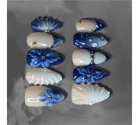 Lot de 24 faux ongles bleus à rayures et perles ABS pour des styles doux et élégants