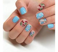 Lot de 24 faux ongles bleus blancs avec motif floral et myrtille - Couverture complète - Pour fête, rendez-vous