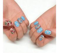 Lot de 24 faux ongles bleus blancs avec motif floral et myrtille - Couverture complète - Pour fête, rendez-vous