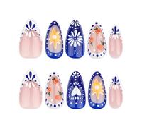 Lot de 24 faux ongles bleus et blancs à bout français - Fleurs artificielles à presser - Amande courte - Couvrance complète - À coller