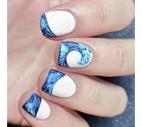 Lot de 24 faux ongles bleus et blancs avec motif d'eau - Forme carrée courte - À coller sur les ongles pour femme