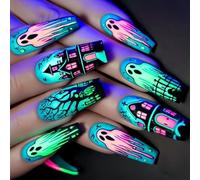 Lot de 24 faux ongles bleus pour Halloween en forme de cercueil en forme de citrouille - Confortables à porter - Pour femme