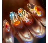 Lot de 24 faux ongles bleus transparents en forme d'amande - Motif méduse - Respirant - Pour un usage quotidien - Bleu glacier