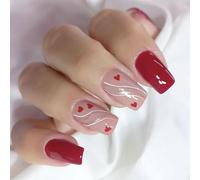 Lot de 24 faux ongles brillants à coller, pour la Saint-Valentin, carrés, couverture complète, à coller sur les ongles, avec lignes de cœur