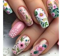 Lot de 24 faux ongles brillants à coller sur le cercueil - Fleurs de printemps - Manucure artificielle tendance