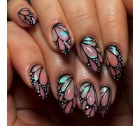 Lot de 24 faux ongles brillants à coller sur les ongles en forme d'amande avec papillons 3D pour femme