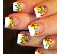 Lot de 24 faux ongles brillants à la française - Presse carrée courte sur les ongles - Fleurs - Faux ongles acryliques