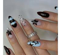 Lot de 24 faux ongles brillants à presser réutilisables en forme d'amande - En ABS - Motifs artistiques - Motif vagues brillantes - Bleu clair