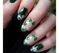 Lot de 24 faux ongles brillants avec motif trèfle à quatre feuilles en vert et blanc pour des styles festifs et des ongles pailletés verts porte-bonheur