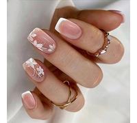 Lot de 24 faux ongles brillants avec motifs floraux - Forme carrée française - Pour ongles en plumes