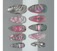 Lot de 24 faux ongles brillants avec vagues argentées effet papillon et perles - Application facile