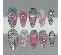 Lot de 24 faux ongles brillants avec vagues argentées effet papillon et perles Application facile Design tendance