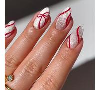 Lot de 24 faux ongles brillants blancs courts ovales pour ongles de Noël, mariage, Noël