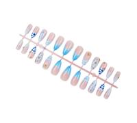 Lot de 24 faux ongles brillants en ABS pour French manucure 3D | Finition bleu blanc brillant avec onglets adhésifs et lime pour une préparation rapide de la beauté et un usage domestique