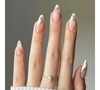 Lot de 24 faux ongles brillants en acrylique avec pointe française blanche et dorée pour les vacances