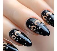 Lot de 24 faux ongles brillants en forme d'amande avec motifs de chats noirs à coller sur les ongles pour femmes