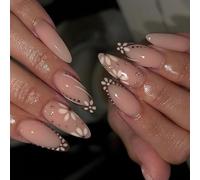 Lot de 24 faux ongles brillants en forme de larmes françaises brillantes de longueur moyenne - Durabilité - Fleurs scintillantes