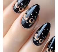 Lot de 24 faux ongles brillants mi-longs en amande avec motifs de chats noirs faciles à presser pour les fêtes et le quotidien à coller pour femme