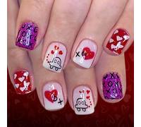 Lot de 24 faux ongles brillants pour la Saint-Valentin avec motif cœur d'amour blanc