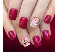 Lot de 24 faux ongles brillants pour la Saint-Valentin Forme carrée avec flammes et enveloppe Motif cœur Non toxique