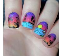 Lot de 24 faux ongles brillants - Presse carrée courte sur ongles - Bâton de noix de coco - Coucher de soleil - Acrylique