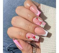 Lot de 24 faux ongles carrés à bout français - Couvrance complète - Fraise - Faux ongles brillants avec motifs de fleurs