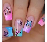 Lot de 24 faux ongles carrés à coller avec motifs papillons brillants pour femme