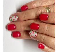 Lot de 24 faux ongles carrés à coller en acrylique - Motif cerises - Pour femmes et filles