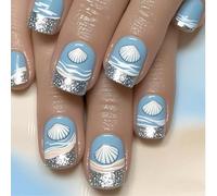 Lot de 24 faux ongles carrés à coller en forme de coquillages de mer - 12 tailles - Conseils français pour le bricolage, les décorations artistiques, les ongles, cercueil, amande, French Tip