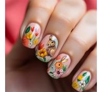 Lot de 24 faux ongles carrés à coller sur les ongles de Pâques en acrylique pour femme