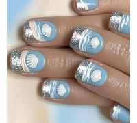 Lot de 24 faux ongles carrés à presser avec motifs coquillages de mer et colle artificielle pour femme, cercueil, amande, French Tip