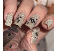 Lot de 24 faux ongles carrés à presser avec paillettes Motif lettres Couverture complète Ongles à coller Pour femme