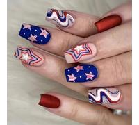 Lot de 24 faux ongles carrés à presser en acrylique Motif drapeau du 4 juillet