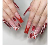 Lot de 24 faux ongles carrés à presser - En acrylique - Pour l'hiver - Pour les fêtes