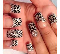 Lot de 24 faux ongles carrés à presser en acrylique réutilisables avec imprimé léopard et strass pour femmes et filles, fête, mariage, usage quotidien
