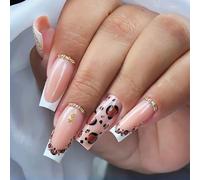 Lot de 24 faux ongles carrés à presser - Motifs léopard brillants - Avec dentelle française blanche - Couverture complète à coller sur les ongles