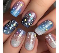 Lot de 24 faux ongles carrés à presser sur le thème de la pièce Motif étoile de lune Acrylique brillant Couverture Faux ongles pour femmes Prêts à l'emploi