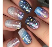 Lot de 24 faux ongles carrés à presser sur le thème de l'espace Motif lune et étoile en acrylique brillant pour femme