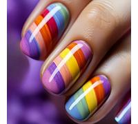 Lot de 24 faux ongles carrés arc-en-ciel à coller sur des rayures colorées