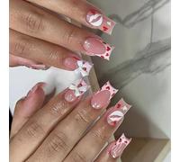 Lot de 24 faux ongles carrés au milieu avec pointes et nœuds français pour femme