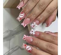 Lot de 24 faux ongles carrés au milieu avec pointes françaises et nœuds pour femme