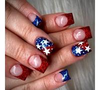 Lot de 24 faux ongles carrés avec paillettes en forme d'étoile - À coller sur les ongles courts pour le jour de l'indépendance et les fêtes