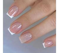 Lot de 24 faux ongles carrés blancs étincelants à presser courts avec finition pailletée en ABS pour occasions quotidiennes de fête