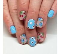 Lot de 24 faux ongles carrés bleus et blancs Motif floral myrtille Pour la Saint-Valentin