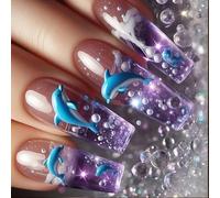 Lot de 24 faux ongles carrés bleus transparents en ABS pour femme Motif dauphins translucides Longueur moyenne